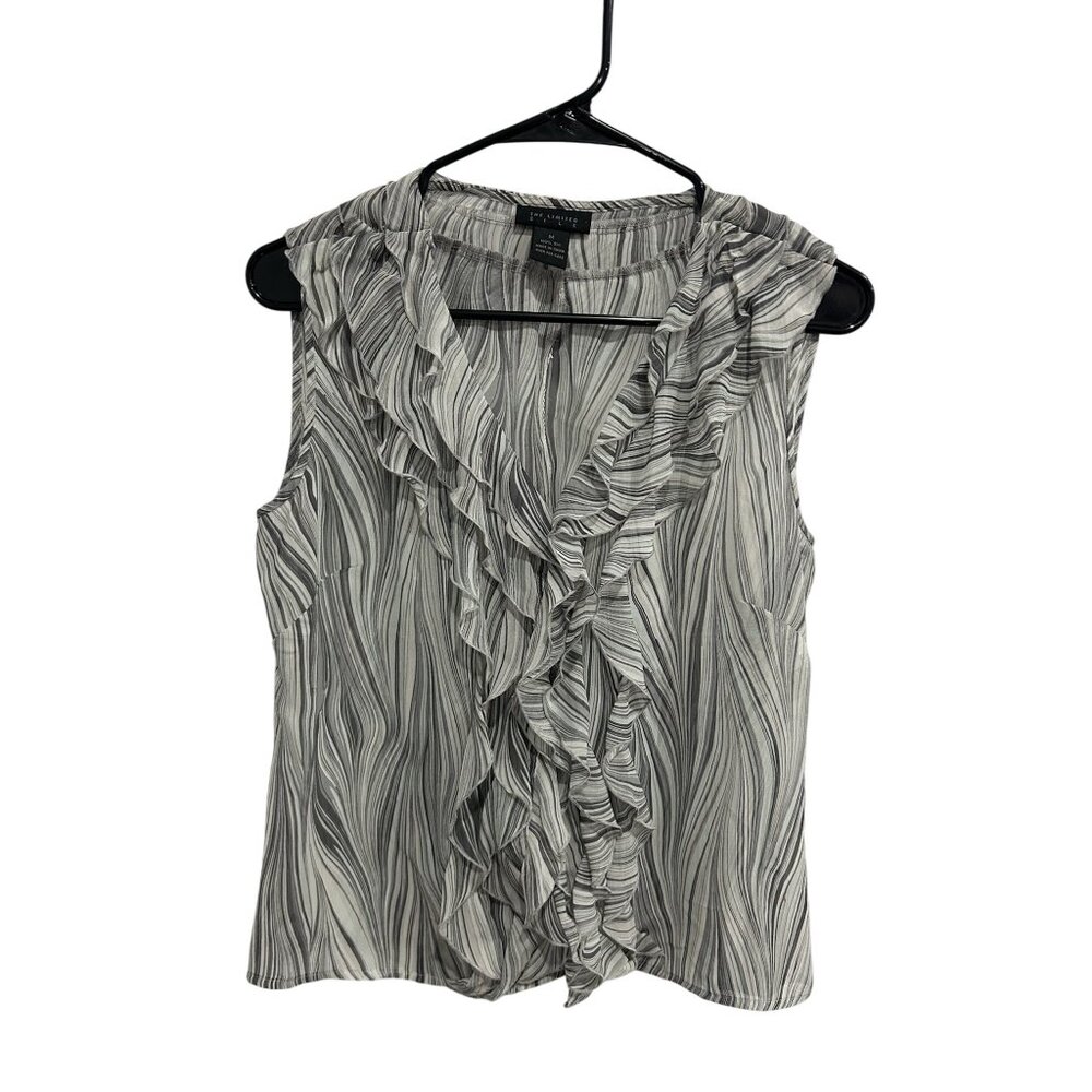 The Limited Medium Striped Ruffle Front Silk Top Black White Preppy Minimalist